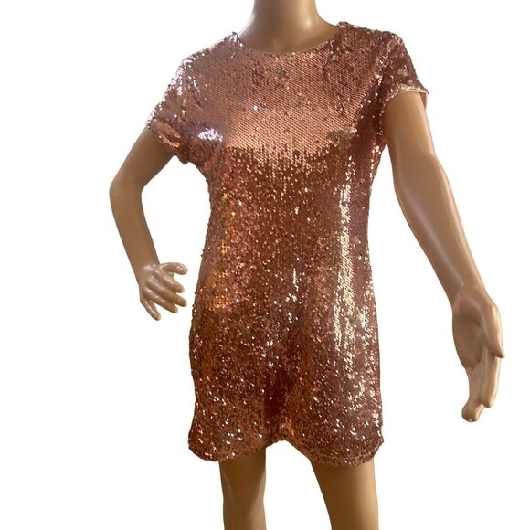 NWOT Rose Gold short sleeve sequin mini swing shift dress; SZ M; Nude Lining - Picture 7 of 8